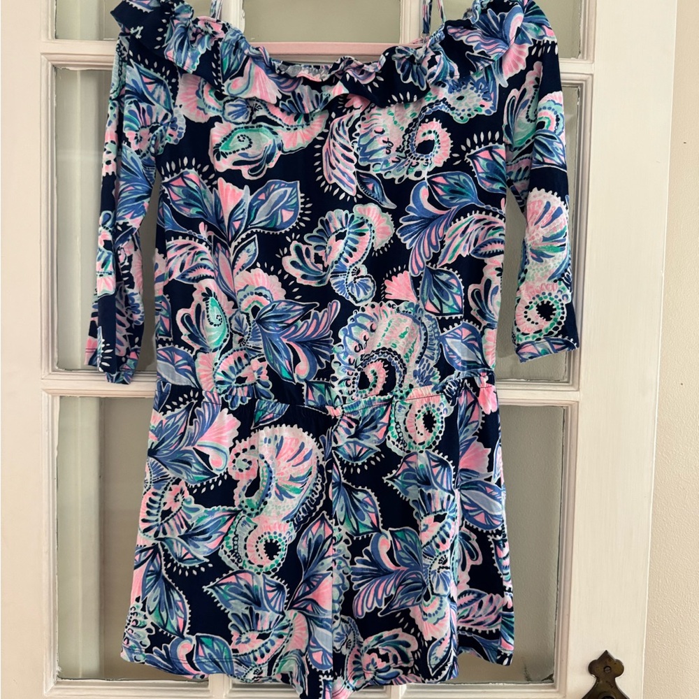 Lilly Pulitzer Girls XL 16 Romper Navy and Pink off shoulder 3/4 sleeves
